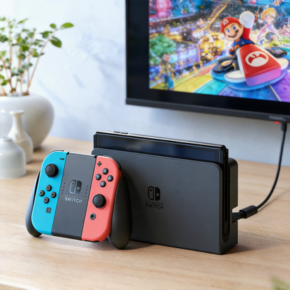 Nintendo Switch OLED mit Neon-Rotem und Neon-Blauem Joy‑Con